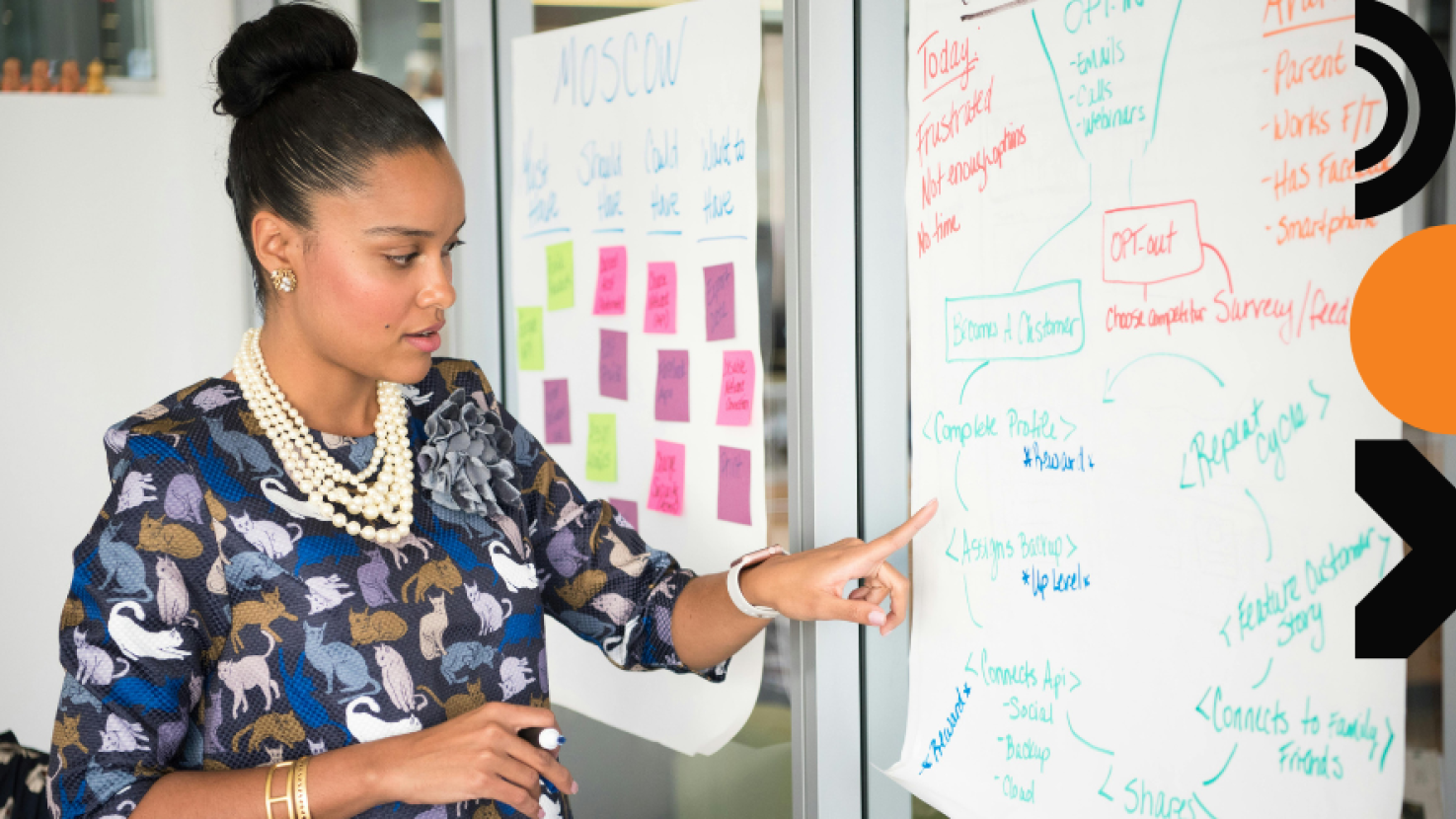 woman presenting and pointing at a poster