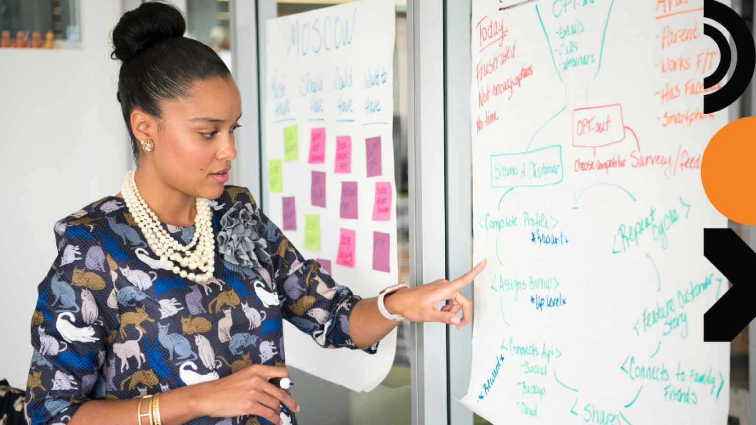 woman presenting and pointing at a poster 